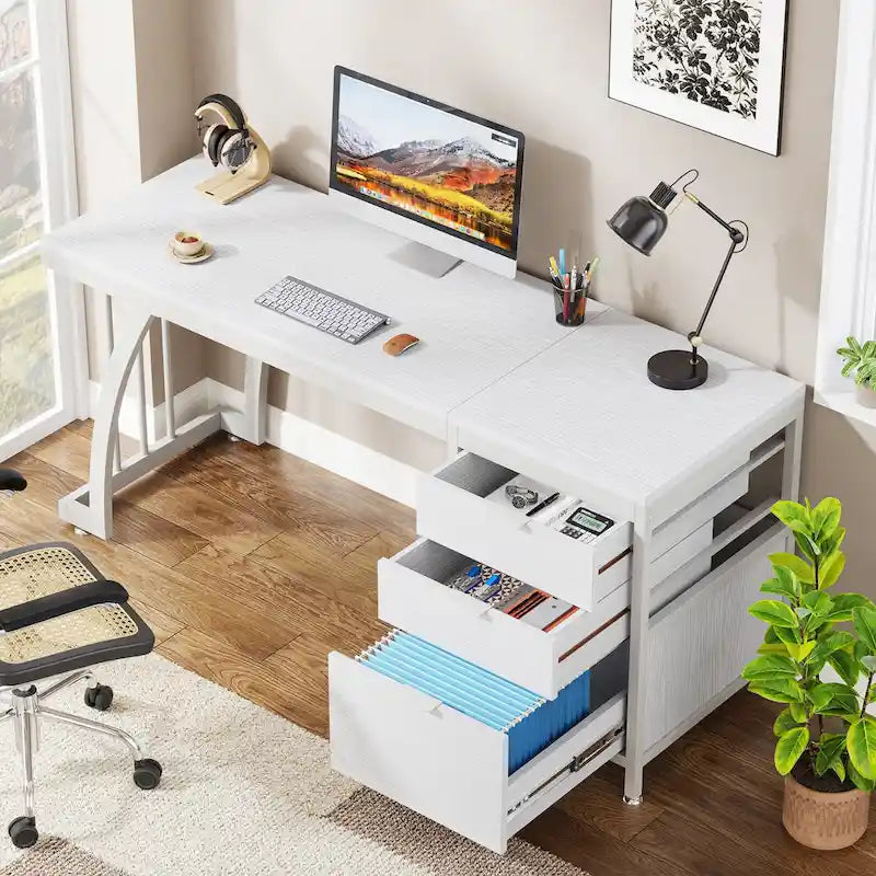 Escritorio rústico marrón/blanco con gabinete de 3 cajones