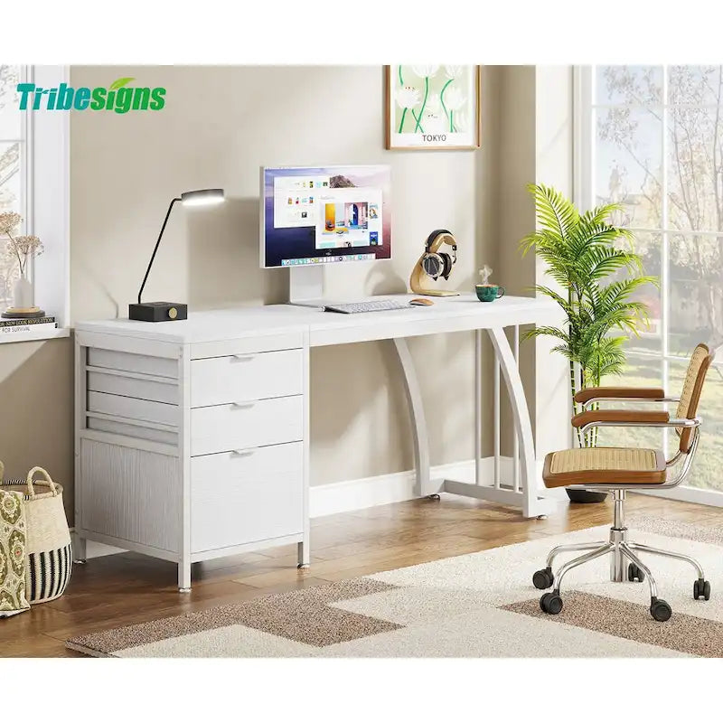 Escritorio rústico marrón/blanco con gabinete de 3 cajones