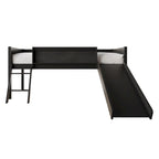 Cama baja tipo loft doble negra/blanca/gris con tobogán, escalera y pizarra, para 1 persona