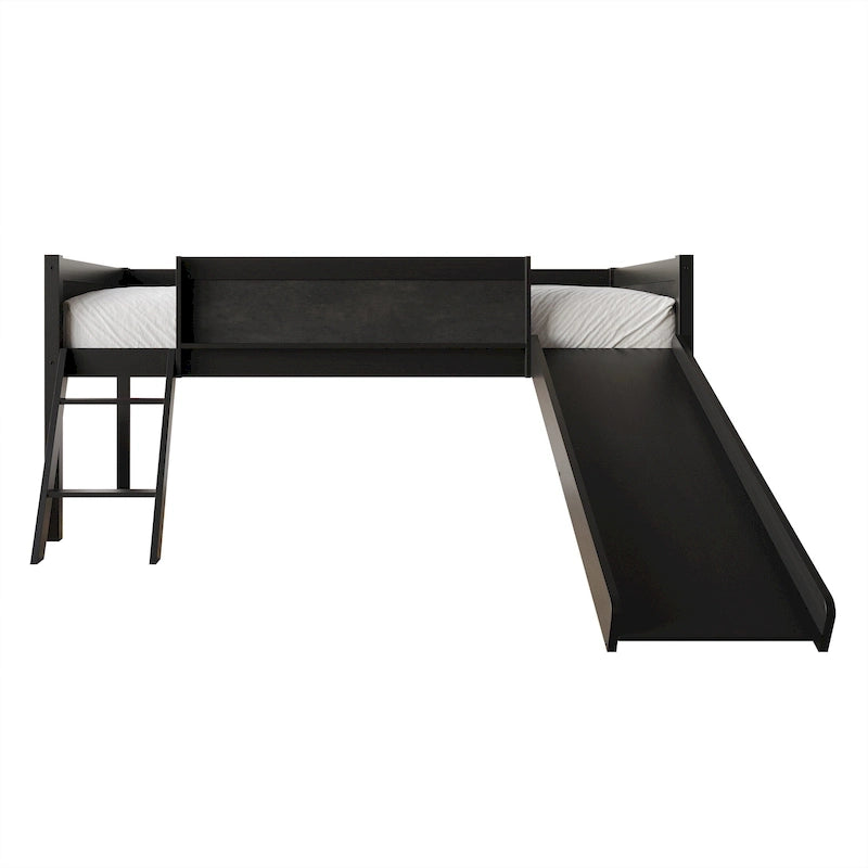 Cama baja tipo loft doble negra/blanca/gris con tobogán, escalera y pizarra, para 1 persona