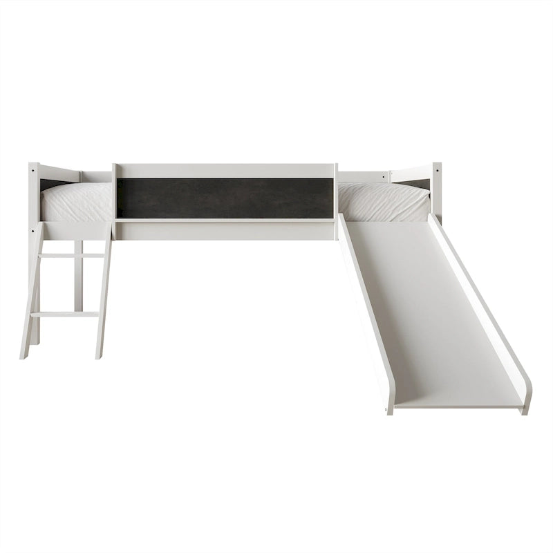 Cama baja tipo loft doble negra/blanca/gris con tobogán, escalera y pizarra, para 1 persona