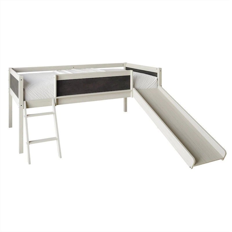 Cama baja tipo loft doble negra/blanca/gris con tobogán, escalera y pizarra, para 1 persona