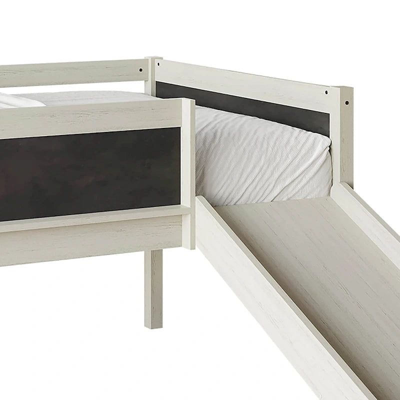 Cama baja tipo loft doble negra/blanca/gris con tobogán, escalera y pizarra, para 1 persona