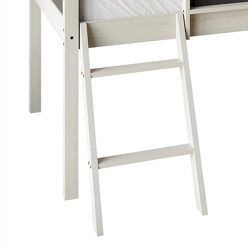 Cama baja tipo loft doble negra/blanca/gris con tobogán, escalera y pizarra, para 1 persona