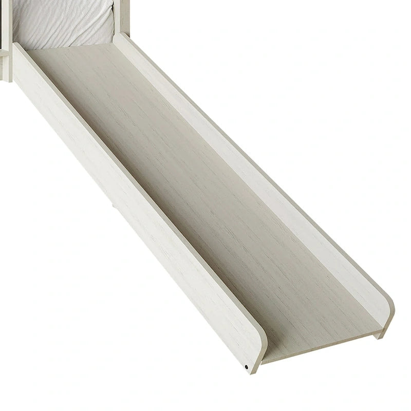 Cama baja tipo loft doble negra/blanca/gris con tobogán, escalera y pizarra, para 1 persona