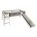 Cama baja tipo loft doble negra/blanca/gris con tobogán, escalera y pizarra, para 1 persona