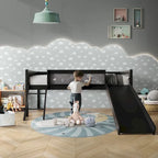Cama baja tipo loft doble negra/blanca/gris con tobogán, escalera y pizarra, para 1 persona