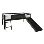 Cama baja tipo loft doble negra/blanca/gris con tobogán, escalera y pizarra, para 1 persona