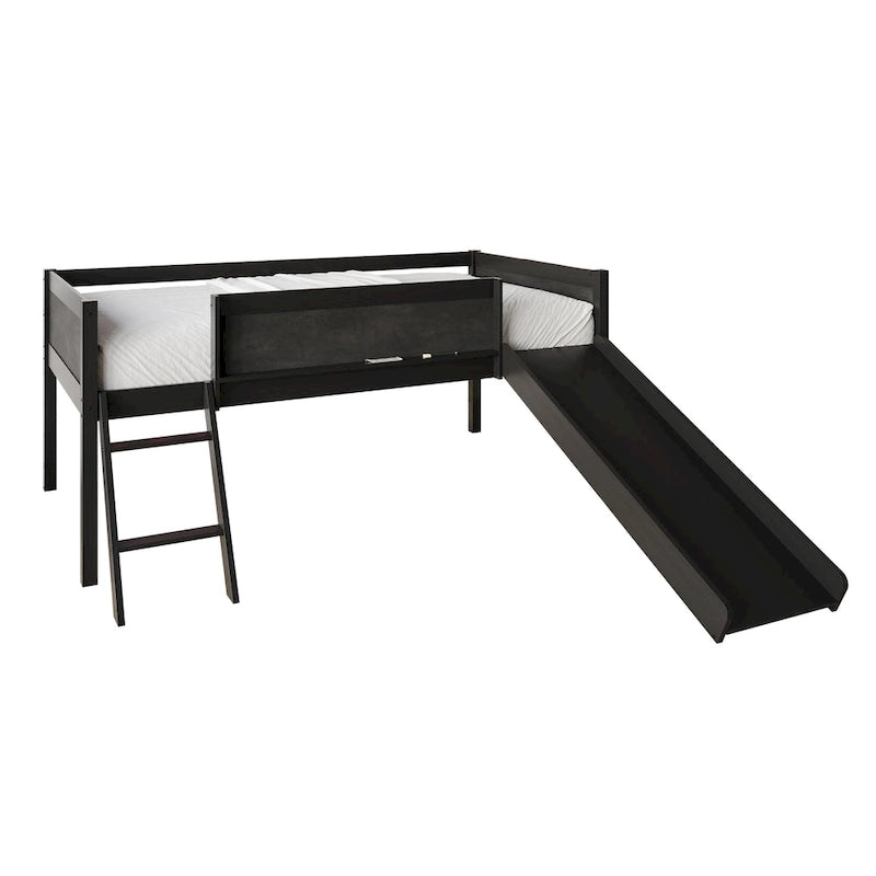 Cama baja tipo loft doble negra/blanca/gris con tobogán, escalera y pizarra, para 1 persona