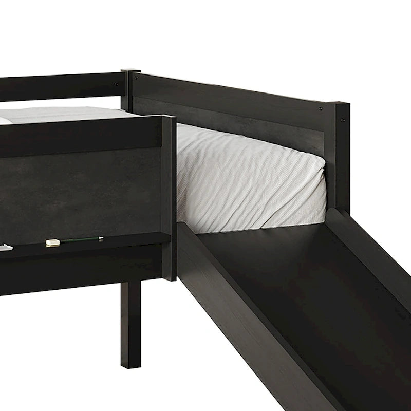 Cama baja tipo loft doble negra/blanca/gris con tobogán, escalera y pizarra, para 1 persona