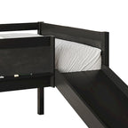 Cama baja tipo loft doble negra/blanca/gris con tobogán, escalera y pizarra, para 1 persona