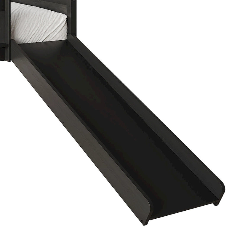 Cama baja tipo loft doble negra/blanca/gris con tobogán, escalera y pizarra, para 1 persona