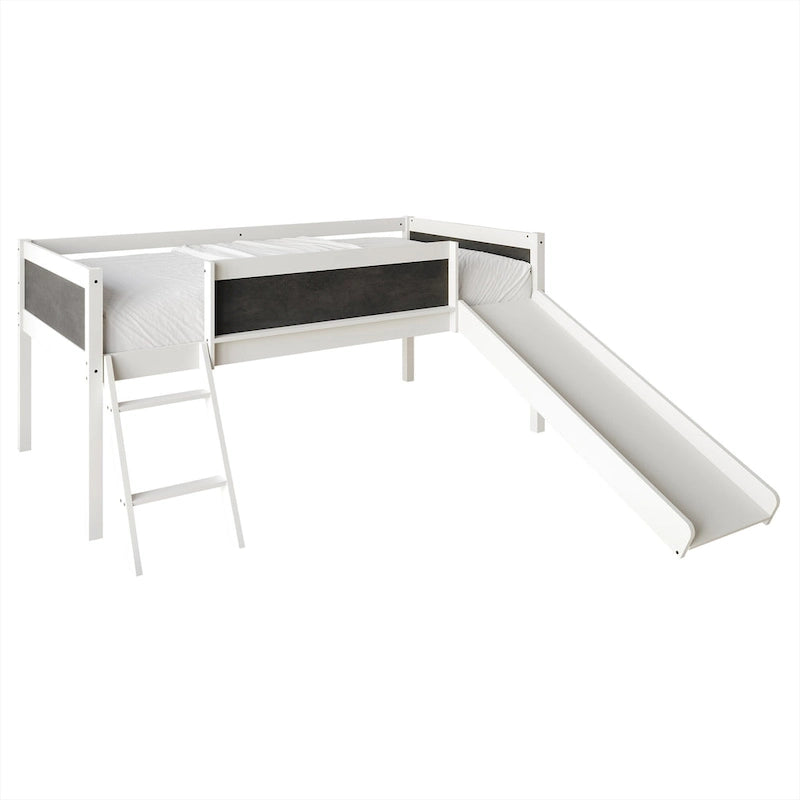 Cama baja tipo loft doble negra/blanca/gris con tobogán, escalera y pizarra, para 1 persona