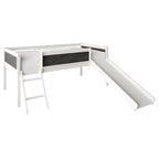 Cama baja tipo loft doble negra/blanca/gris con tobogán, escalera y pizarra, para 1 persona