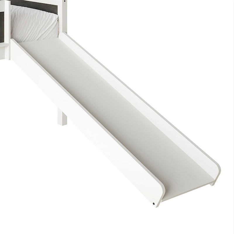 Cama baja tipo loft doble negra/blanca/gris con tobogán, escalera y pizarra, para 1 persona