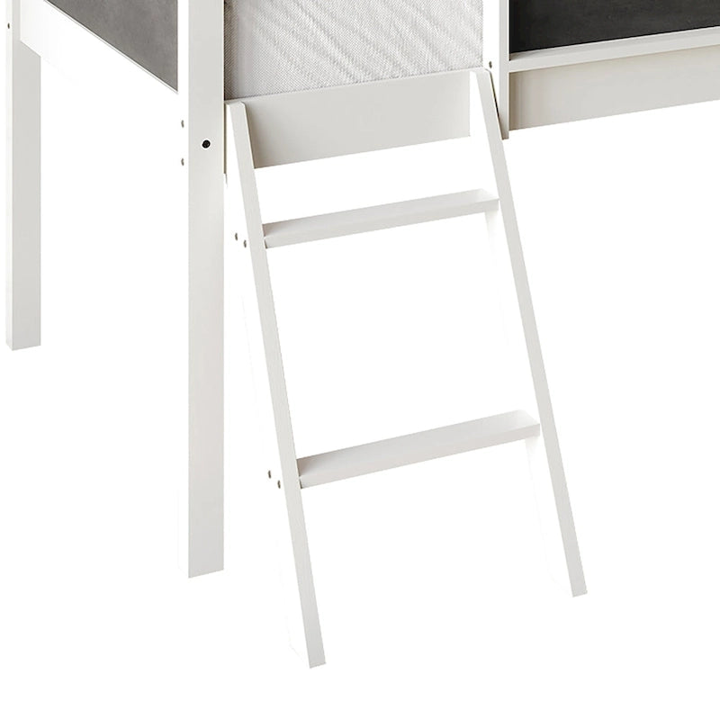 Cama baja tipo loft doble negra/blanca/gris con tobogán, escalera y pizarra, para 1 persona