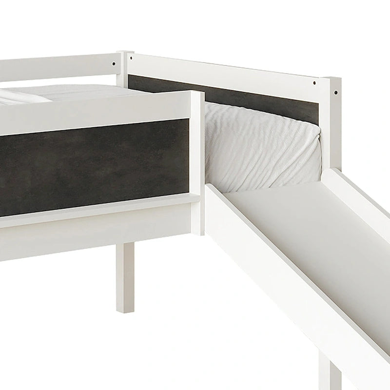Cama baja tipo loft doble negra/blanca/gris con tobogán, escalera y pizarra, para 1 persona