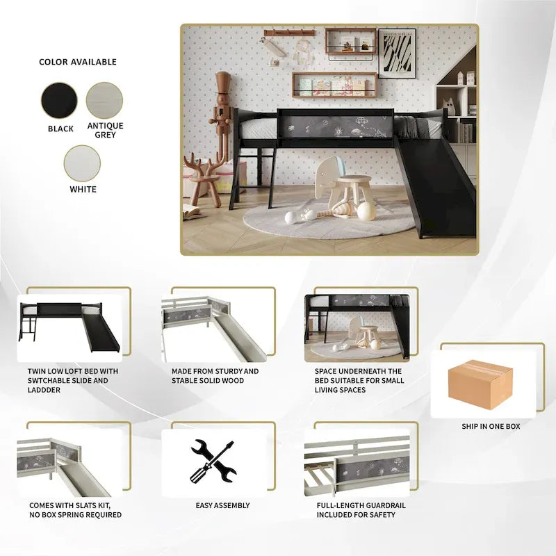Cama baja tipo loft doble negra/blanca/gris con tobogán, escalera y pizarra, para 1 persona