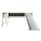Cama baja tipo loft doble negra/blanca/gris con tobogán, escalera y pizarra, para 1 persona