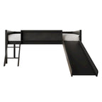 Cama baja tipo loft doble negra/blanca/gris con tobogán, escalera y pizarra, para 1 persona