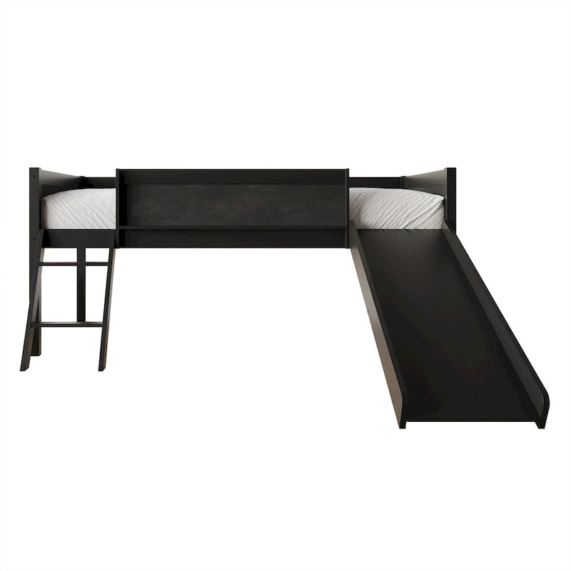 Cama baja tipo loft doble negra/blanca/gris con tobogán, escalera y pizarra, para 1 persona