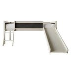Cama baja tipo loft doble negra/blanca/gris con tobogán, escalera y pizarra, para 1 persona