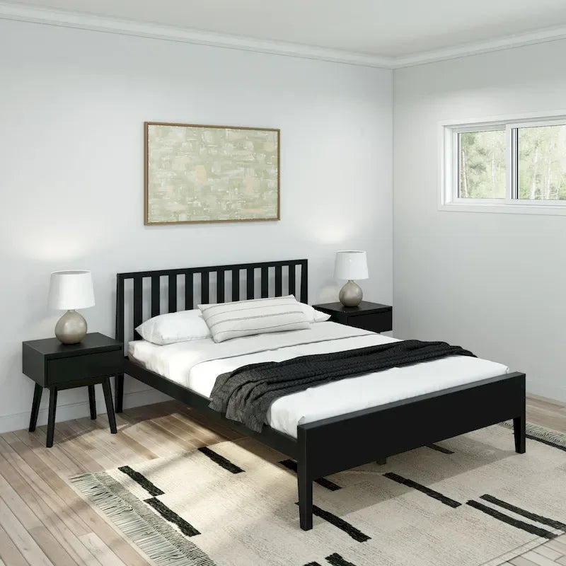 Cama Queen de Madera Maciza con Cabecero de Listones, Negra/Blanca/Rubia – 1 persona