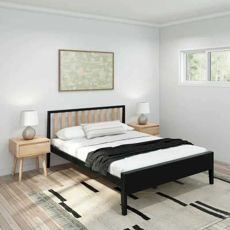 Cama Queen de Madera Maciza con Cabecero de Listones, Negra/Blanca/Rubia – 1 persona