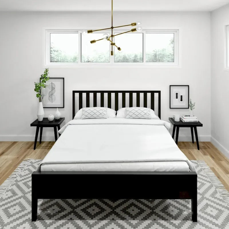 Cama Queen de Madera Maciza con Cabecero de Listones, Negra/Blanca/Rubia – 1 persona