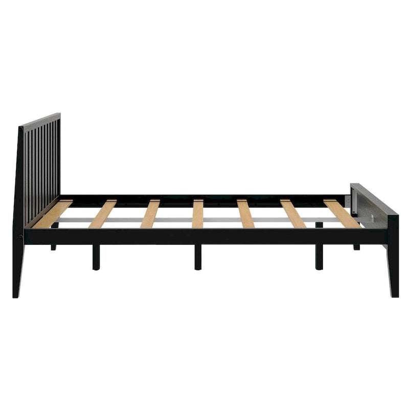 Cama Queen de Madera Maciza con Cabecero de Listones, Negra/Blanca/Rubia – 1 persona