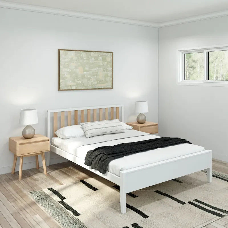 Cama Queen de Madera Maciza con Cabecero de Listones, Negra/Blanca/Rubia – 1 persona