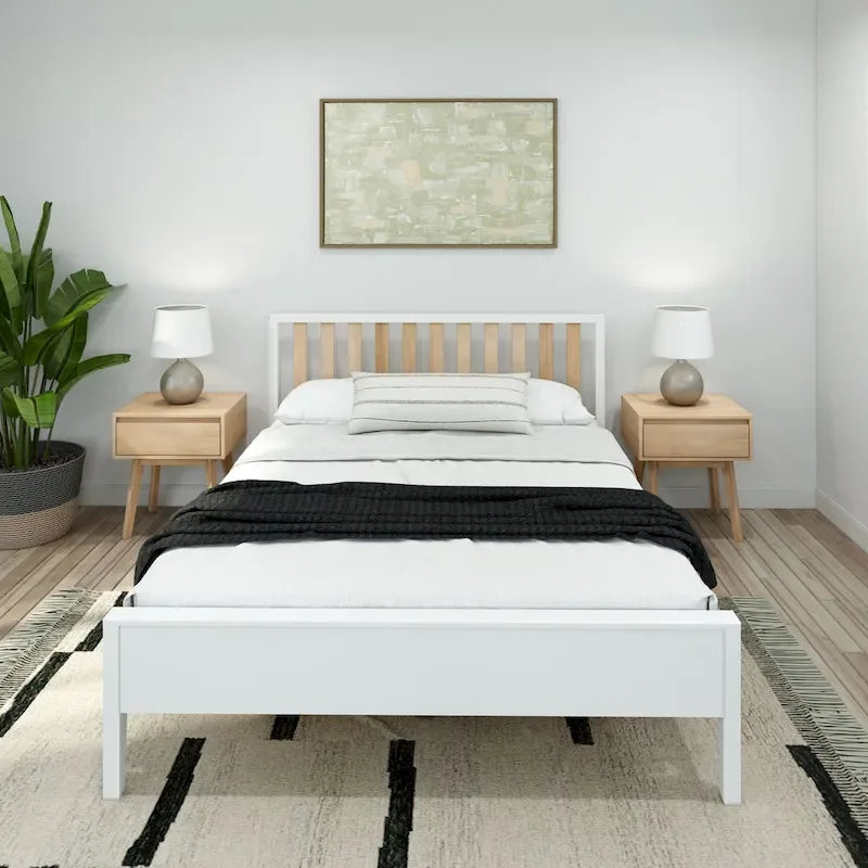 Cama Queen de Madera Maciza con Cabecero de Listones, Negra/Blanca/Rubia – 1 persona