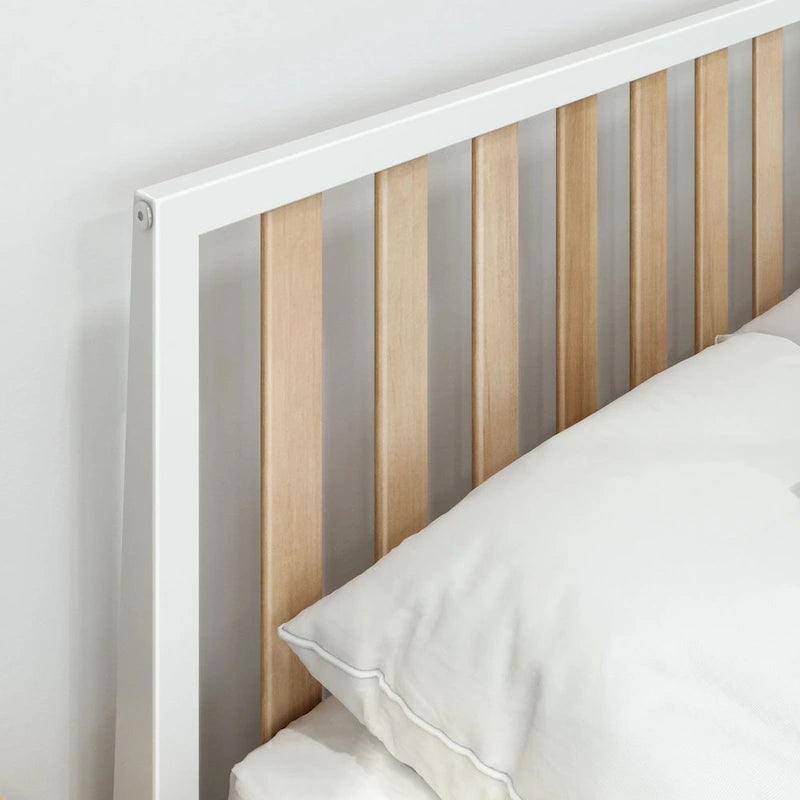 Cama Queen de Madera Maciza con Cabecero de Listones, Negra/Blanca/Rubia – 1 persona