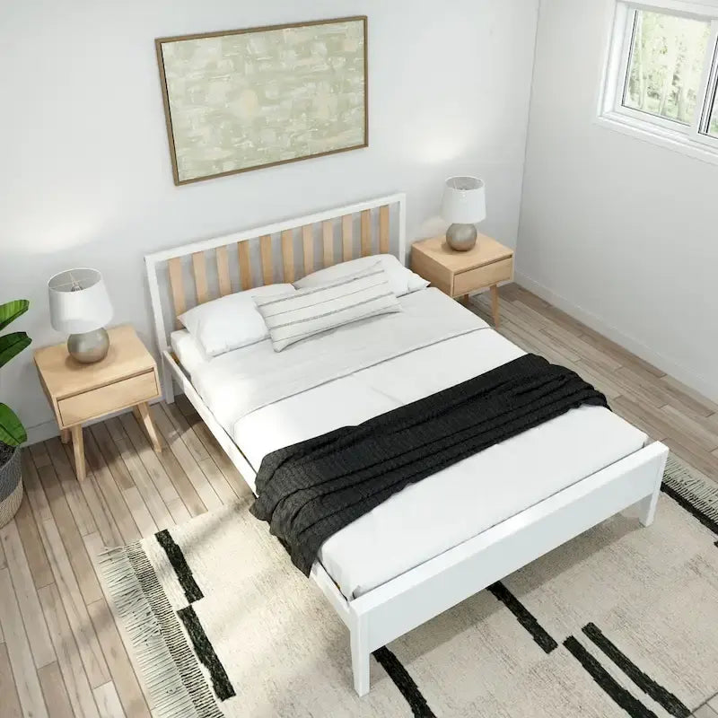 Cama Queen de Madera Maciza con Cabecero de Listones, Negra/Blanca/Rubia – 1 persona