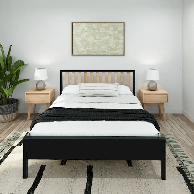 Cama Queen de Madera Maciza con Cabecero de Listones, Negra/Blanca/Rubia – 1 persona
