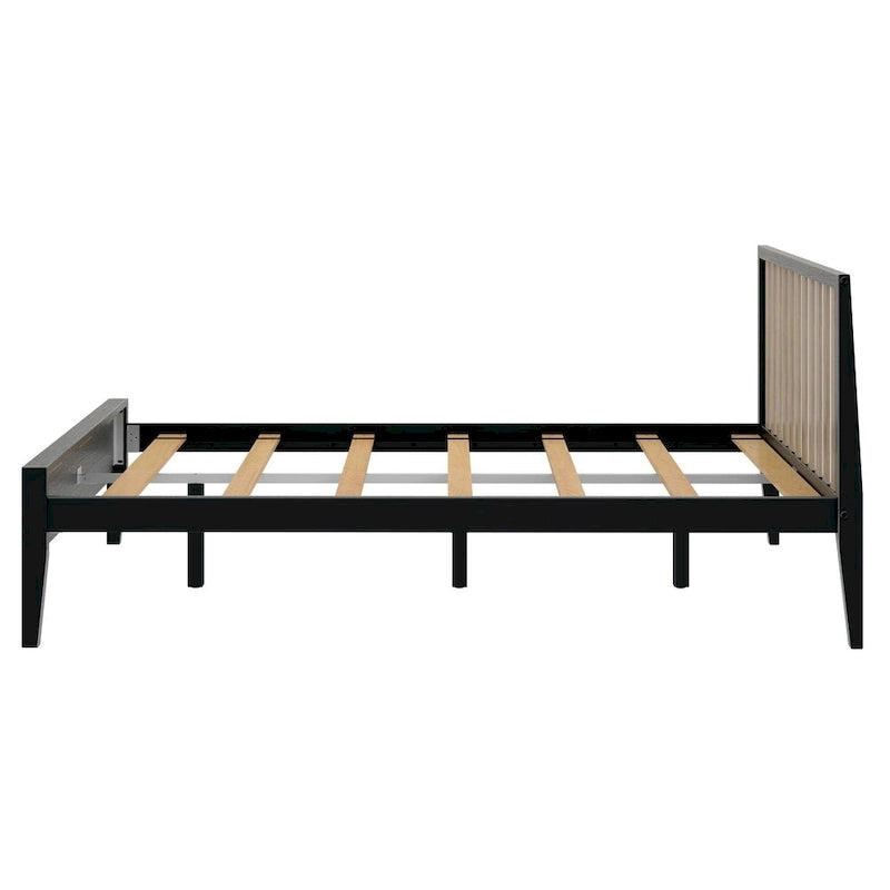 Cama Queen de Madera Maciza con Cabecero de Listones, Negra/Blanca/Rubia – 1 persona