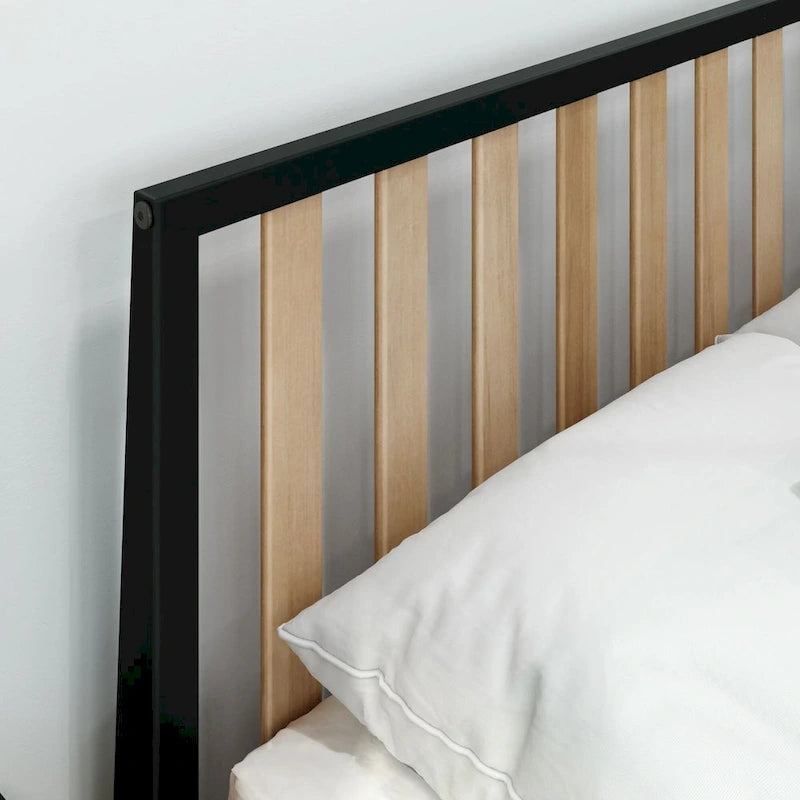 Cama Queen de Madera Maciza con Cabecero de Listones, Negra/Blanca/Rubia – 1 persona