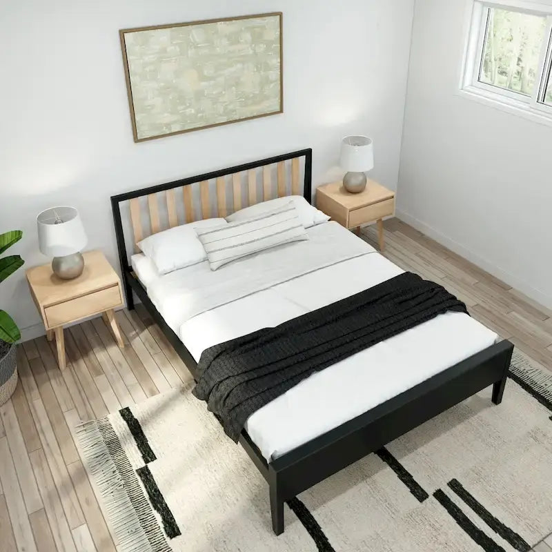 Cama Queen de Madera Maciza con Cabecero de Listones, Negra/Blanca/Rubia – 1 persona