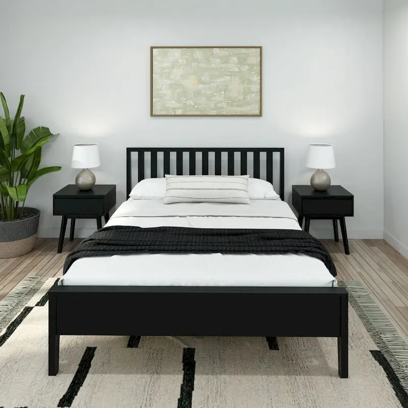 Cama Queen de Madera Maciza con Cabecero de Listones, Negra/Blanca/Rubia – 1 persona
