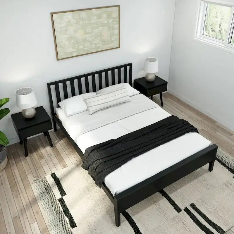 Cama Queen de Madera Maciza con Cabecero de Listones, Negra/Blanca/Rubia – 1 persona