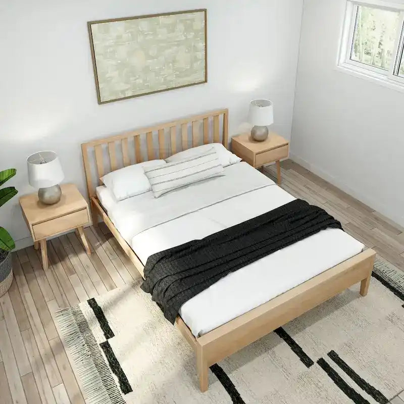 Cama Queen de Madera Maciza con Cabecero de Listones, Negra/Blanca/Rubia – 1 persona