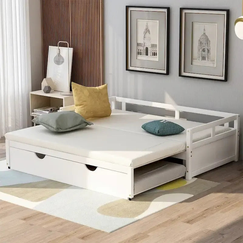 Cama nido expandible blanca/gris/espresso con nido, de individual a king, 1-2 personas