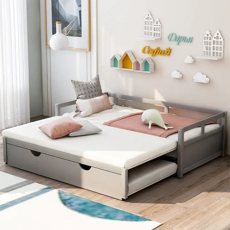 Cama nido expandible blanca/gris/espresso con nido, de individual a king, 1-2 personas