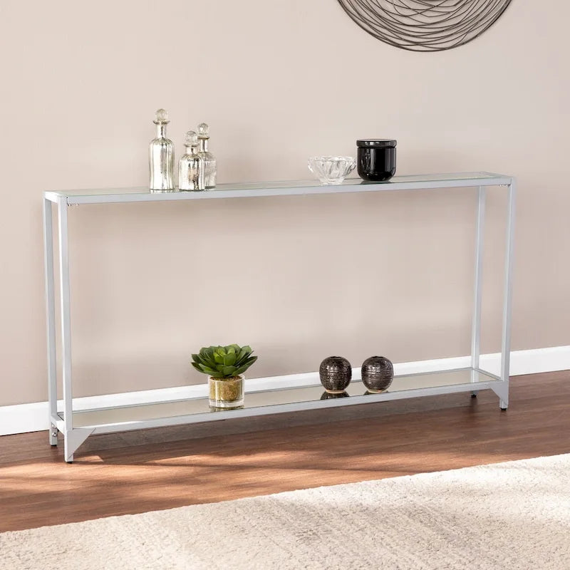 Mesa consola de metal estrecha plateada/negra con tapa de cristal templado