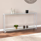 Mesa consola de metal estrecha plateada/negra con tapa de cristal templado