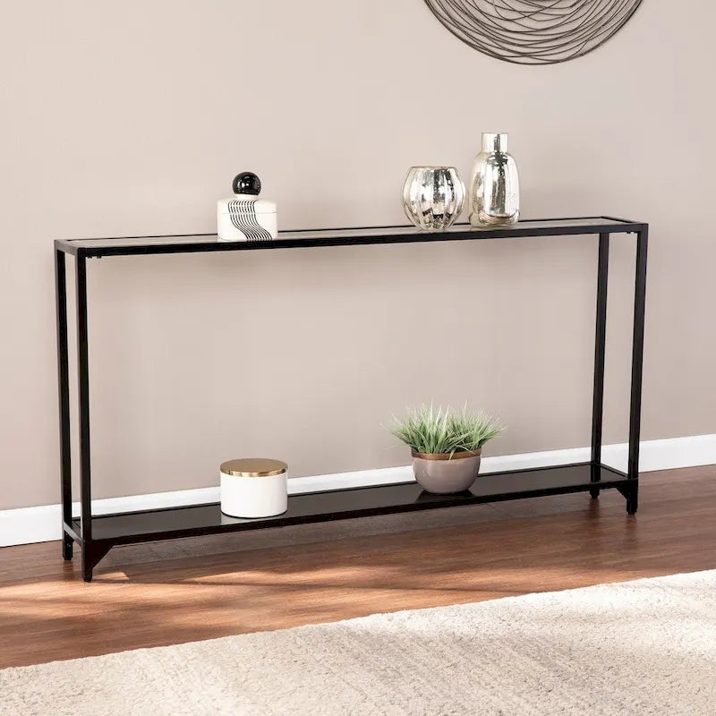 Mesa consola de metal estrecha plateada/negra con tapa de cristal templado