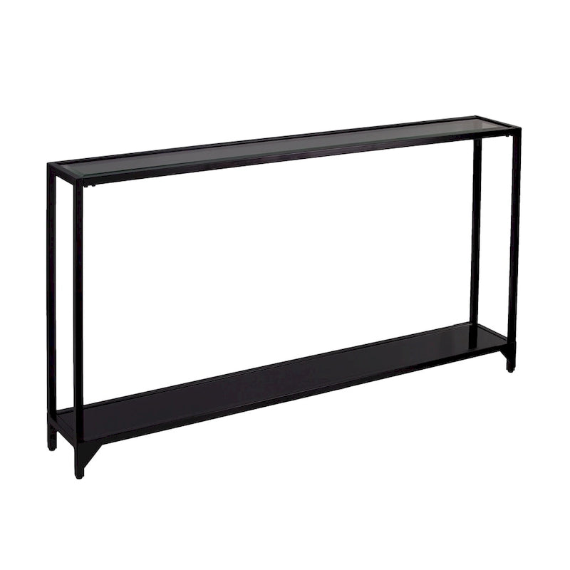 Mesa consola de metal estrecha plateada/negra con tapa de cristal templado
