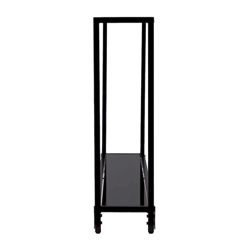 Mesa consola de metal estrecha plateada/negra con tapa de cristal templado