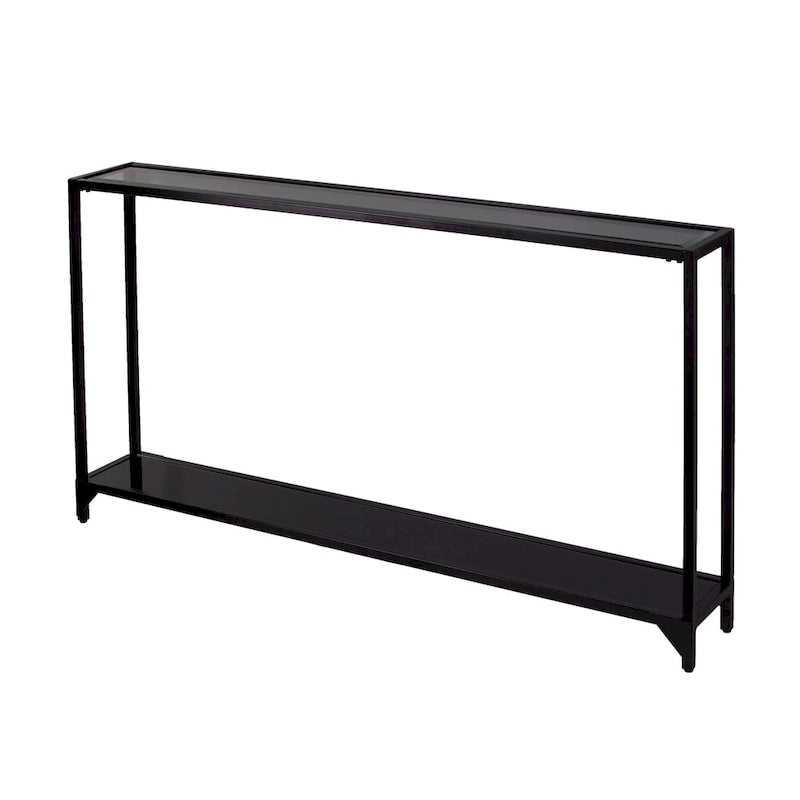 Mesa consola de metal estrecha plateada/negra con tapa de cristal templado