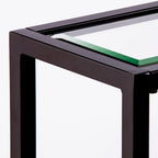 Mesa consola de metal estrecha plateada/negra con tapa de cristal templado